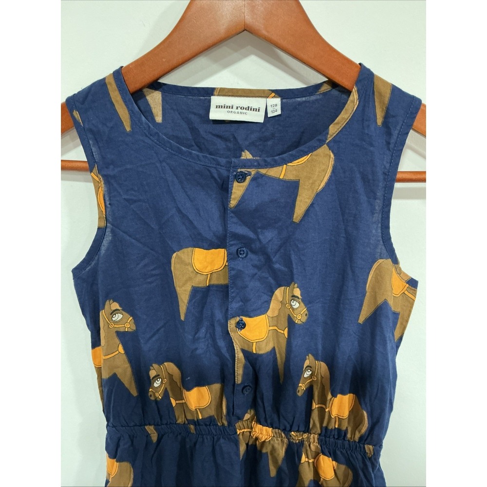 Mini Rodini Sleeveless Dress, Blue, Horse, Girls, 7-9 Or 128/134, Organic Cotton - Picture 5 of 11